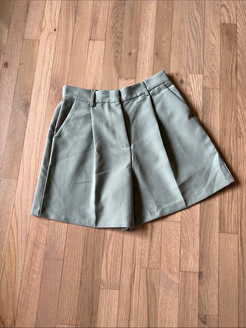 Pleated High-Waist Shorts in Sage Green